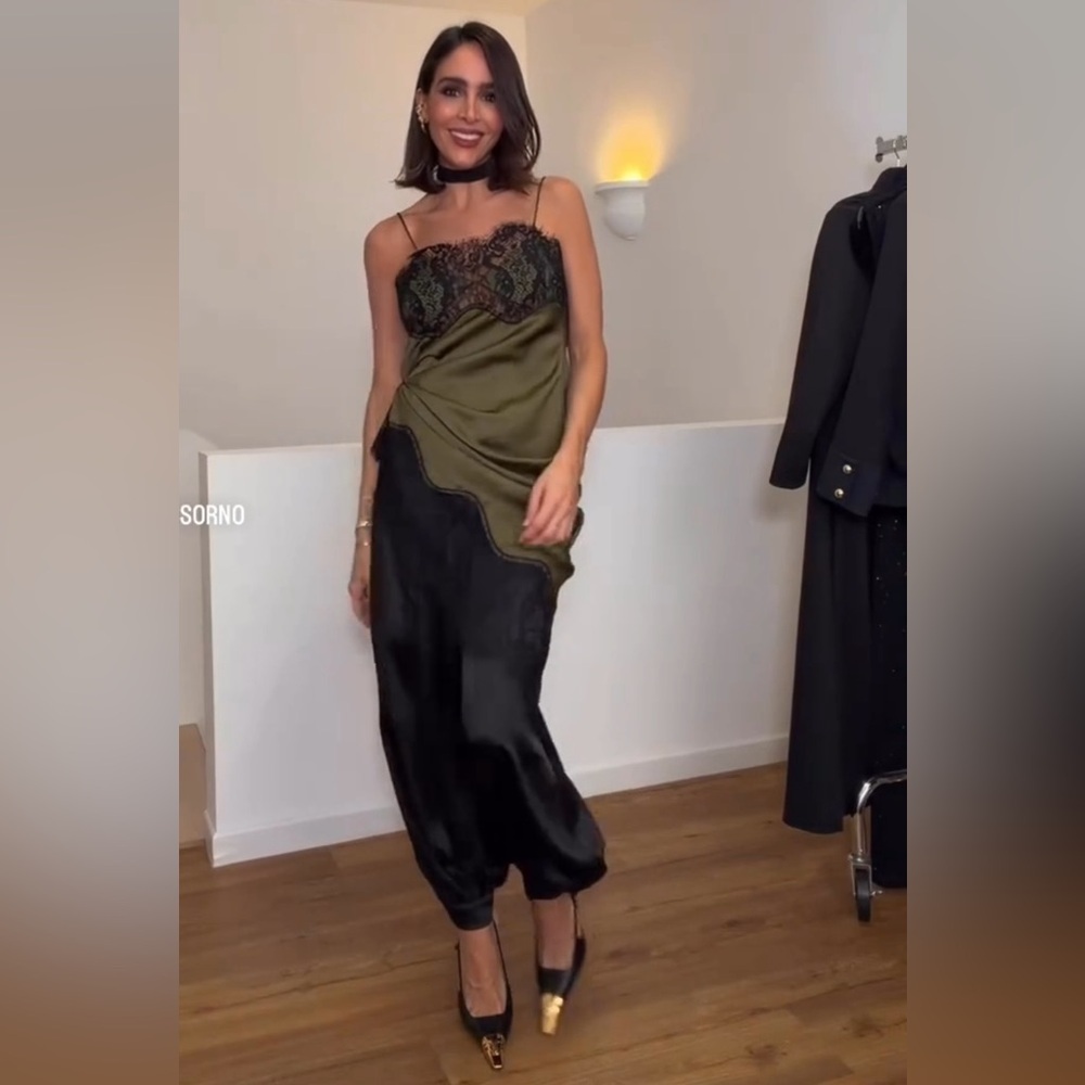Zara Olive Green Satin Asymmetrical Slip Dress with Black Lace - Picture 10 of 13